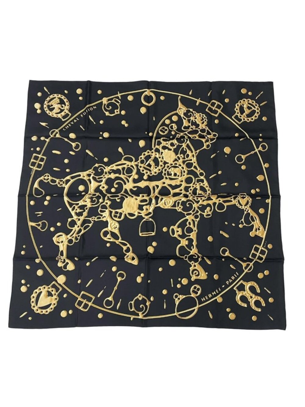 Hermes Carre 90 Silk Scarf Cheval Fusion Black